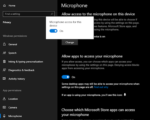 Allow microphone access for apps from Privacy Settings
