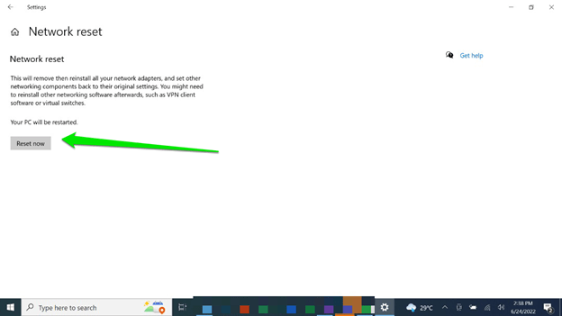 Click on the Reset Now button and allow Windows to execute the operation