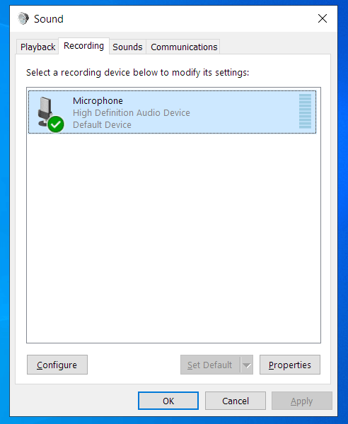 You will be taken to the Recording tab of the Sound panel.