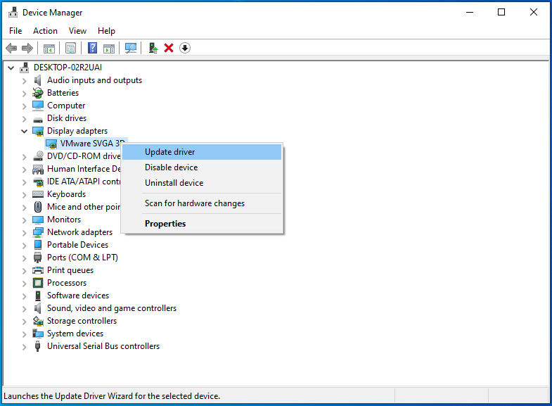 Right-click on your graphics device and choose “Update driver”.