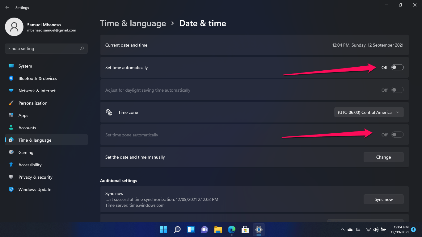 Toggle the switch for "Set time zone automatically" to On